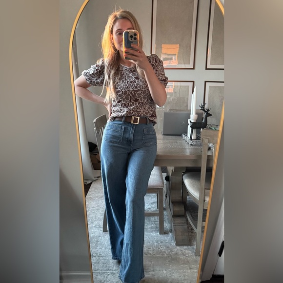 Stunning Embroidery Style Brown White Lace Floral Women's Semi Scallop Work Top - Picture 2 of 13